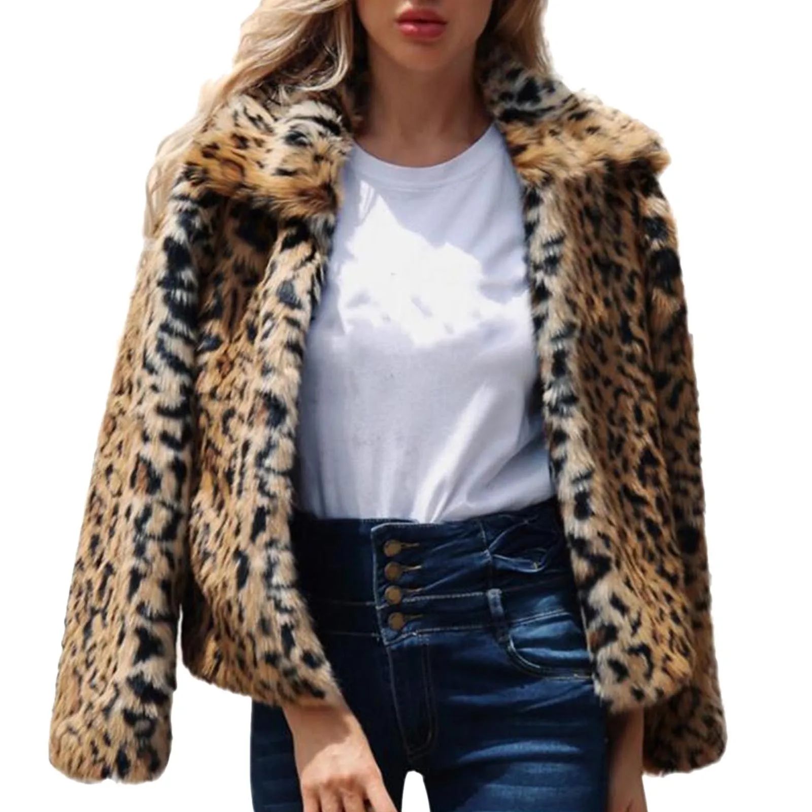 Women\'s Faux Fur Coat Winter Warm Luxury Hundred Fashion Lapel Leopard Print Cardigan Women\'s Long Sleeve Plush Faux Fur Jacket