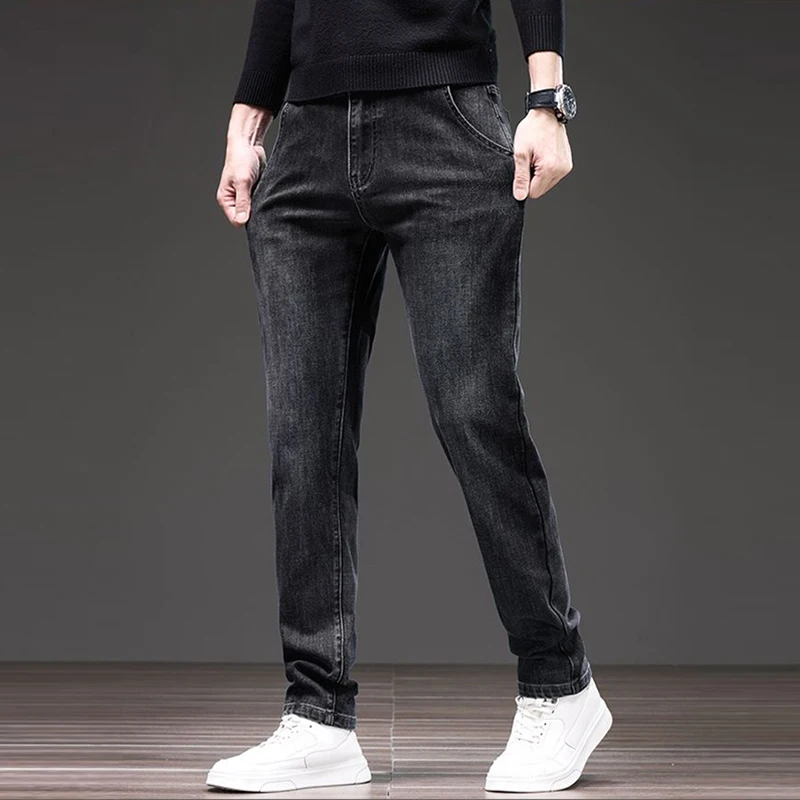 High End SLIM FIT Blackish กางเกงสีเทาผู้ชายข้อเท้าความยาวกางเกงความยืดหยุ่นพิมพ์กางเกงยีนส์ชายหลวมตรงแฟชั่น DENIM กางเกง