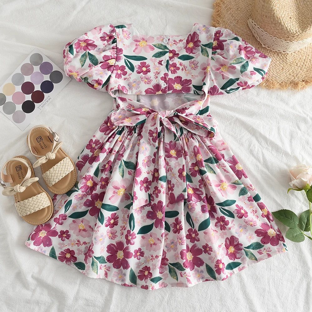 Bear Leader Girls Dresses Summer New Girls Puff Sleeve Floral Dress Fashion Dress Birthday Party Princess Dress Vestidos 3-7 Y