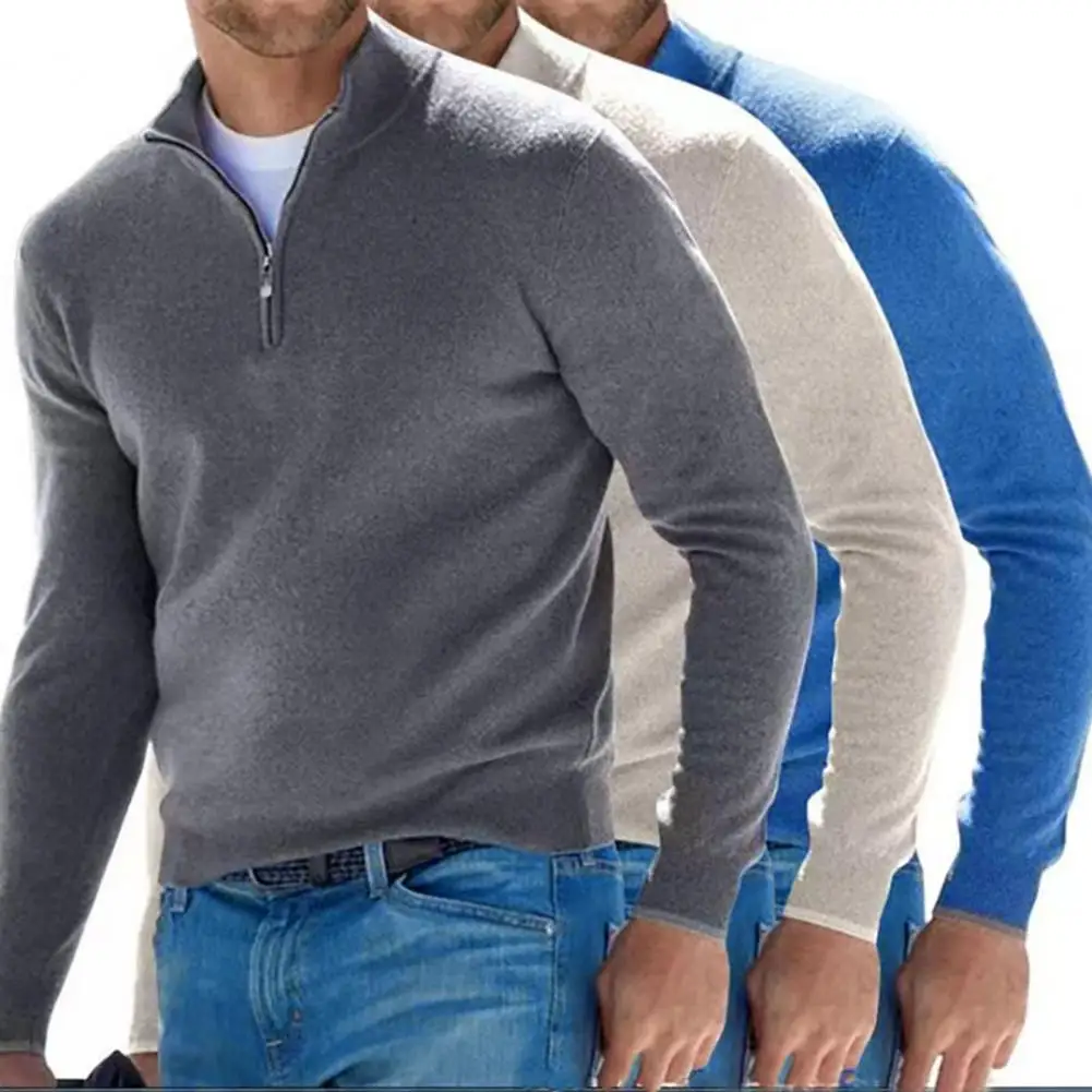 Suéter elástico suave para hombre, cuello levantado, cuello en V, cuello con cremallera, Color sólido, ajustado, manga larga, Otoño e Invierno