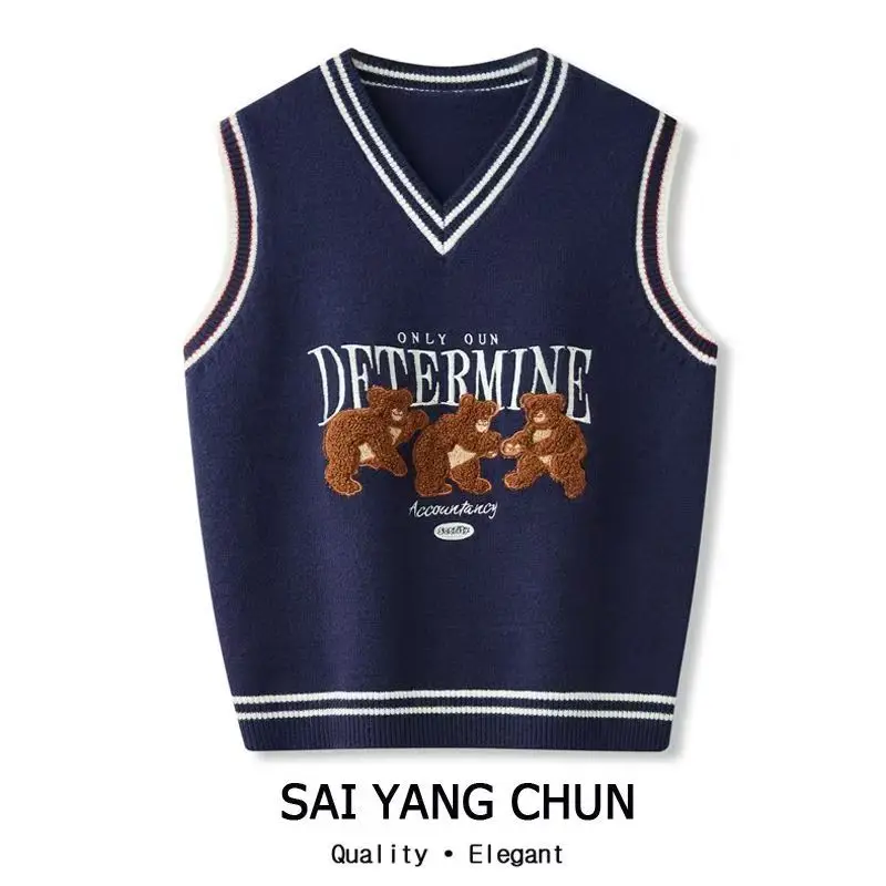 

Cartoon Bear Embroidery V Neck Knitted Sweater Vest Women Sleeveless Contrast Color Sweater Vest Casual Loose 2025 Autumn Jumper