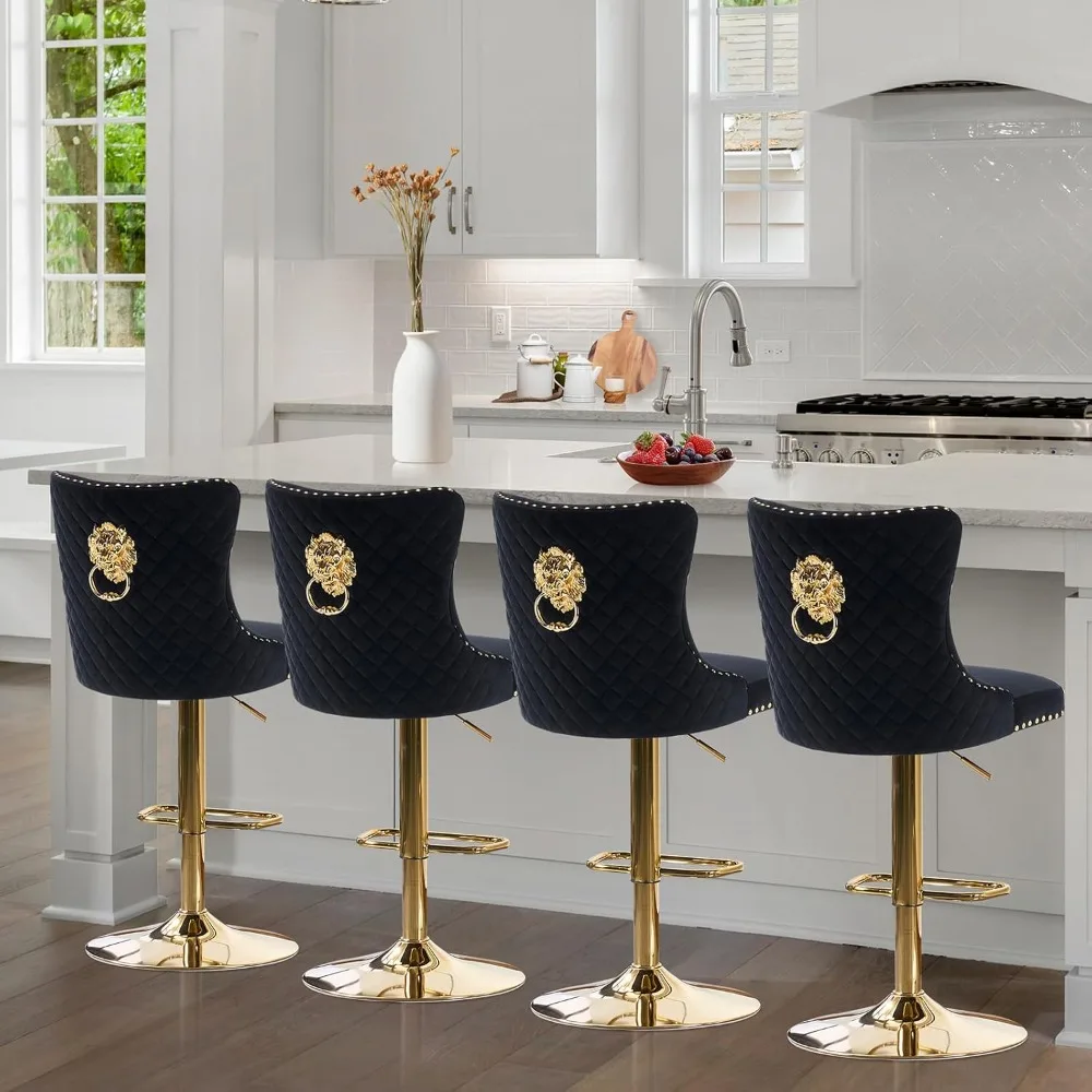 

Gold Bar Stools Set of 4, Modern Adjustable Swivel Counter Stools with Lion Pull Ring, Velvet Tufted Barstools Upholstered Bar