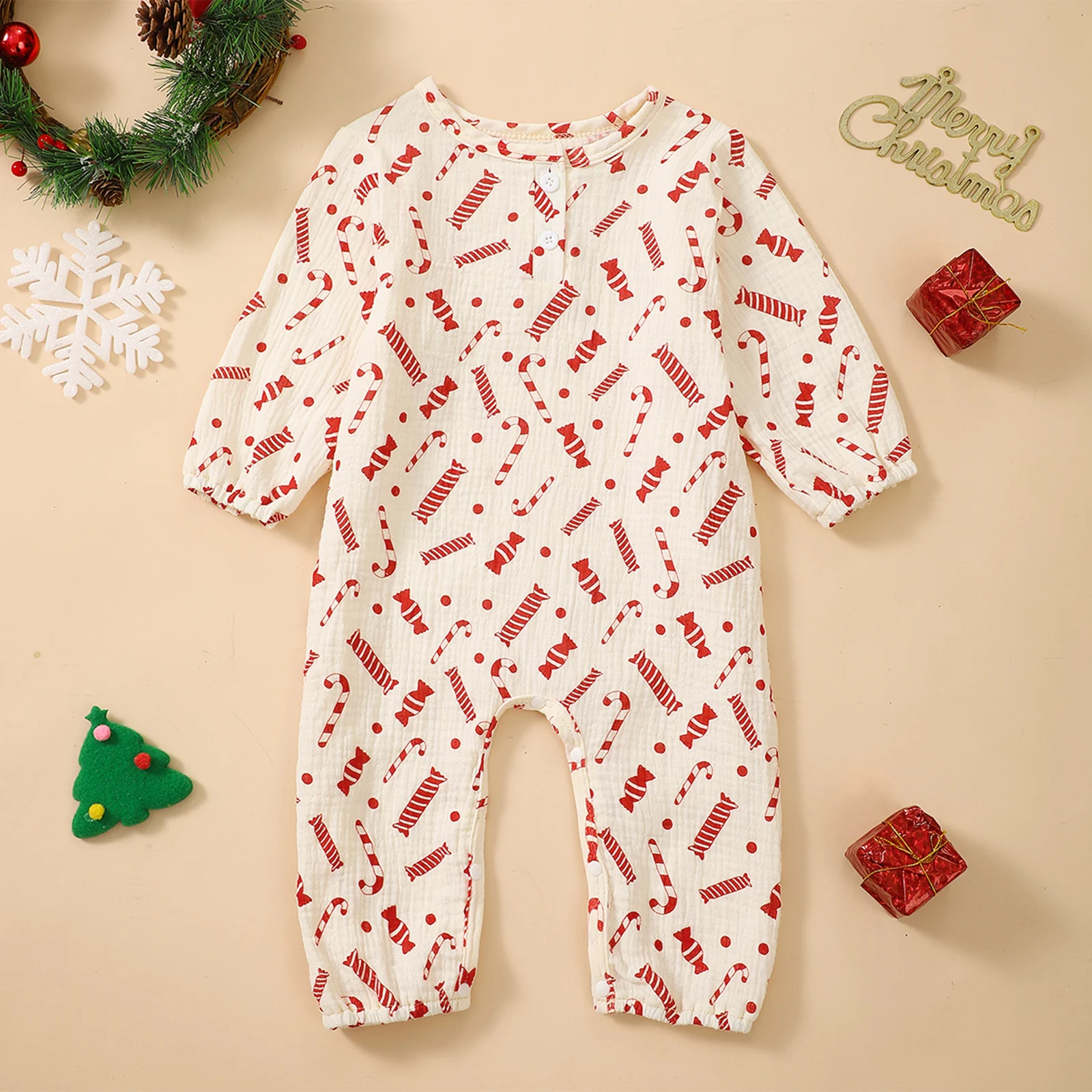 BeQeuewll Baby Girls Boys Clothes for Christmas Newborn Jumpsuit Soft Cotton Long Sleeve Candy Cane Print Romper Infant Outfits