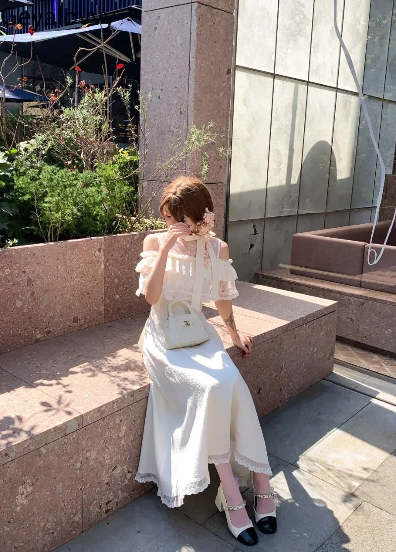 

Summer New Japanese Original Gentle and Sweet Off-the-shoulder Long Dress Slim-fitting High-waisted Short Sleeve Dresses