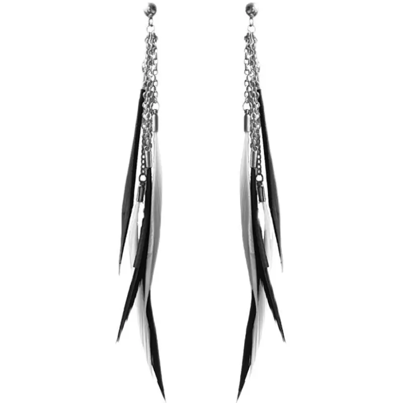 Orecchini unisex con design a piume, clip per le orecchie, gioielli lunghi in argento sterling, stile nappa affascinante e alla moda