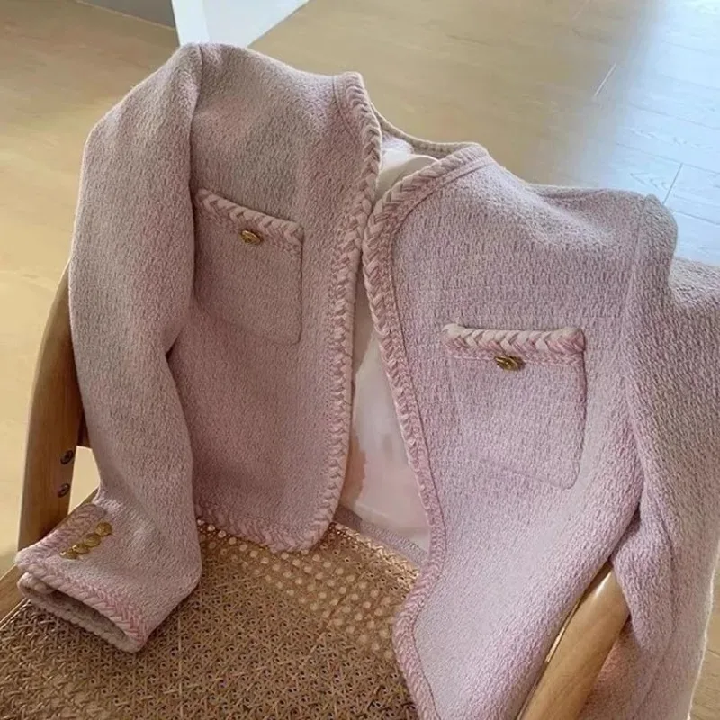 

Sweet Temperament Coarse Tweed Jacket Women Korean Fashion Round Neck Solid Celebrity Gentle Loose Spring Chic Female Coat New