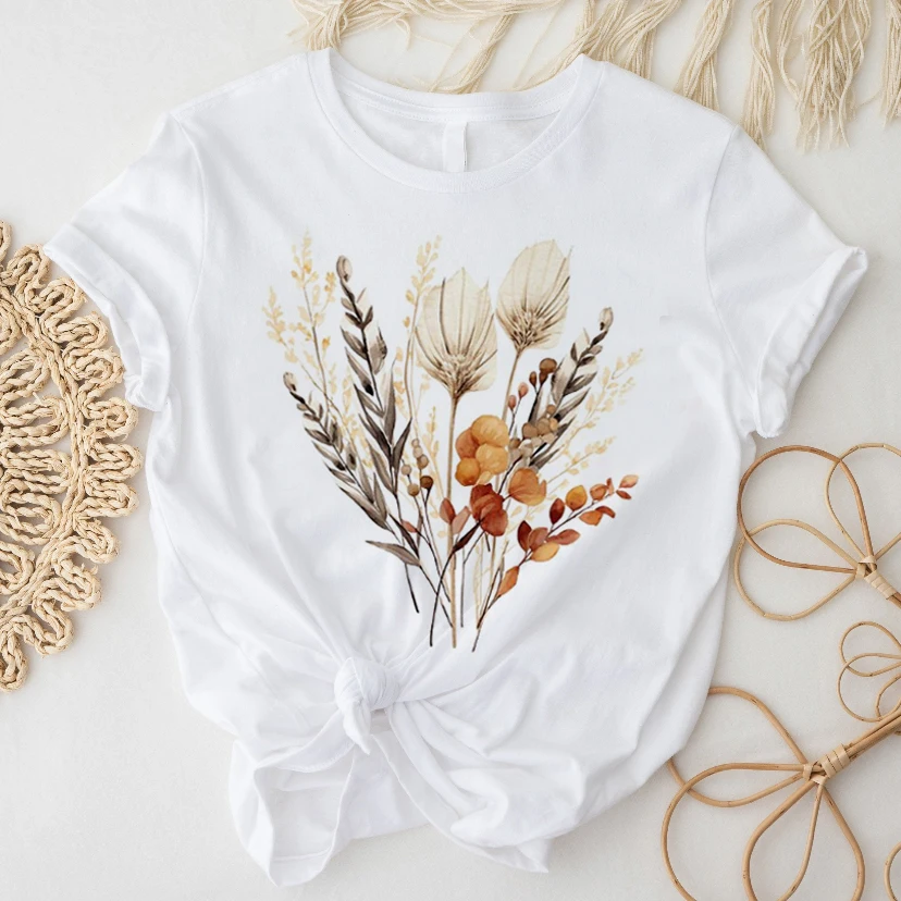 

Women's T-Shirt Floral Bouquet Plant Graphic Print O-Neck Casual Basic Top Short Sleeve Trendy Harajuku Fashion White T-Shirt