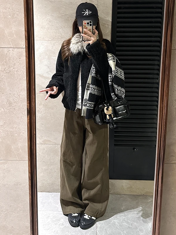 Retro bruine denim broek hoge taille wijde pijpen rechte snit tooling dames winter losse fit broek PmORh merk damesjeans