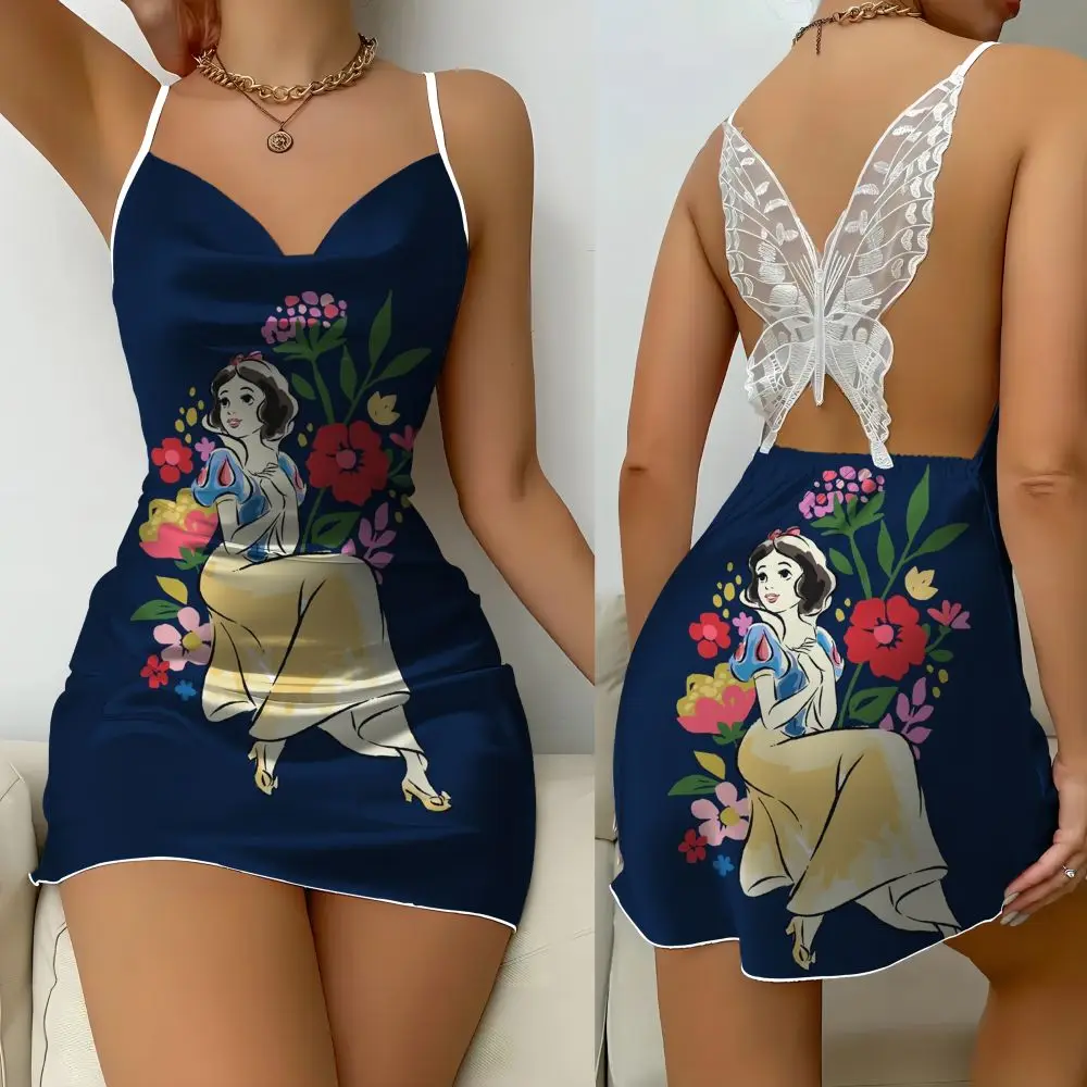 Vrouwen Disney Sneeuwwitje Print Sexy Nachthemd Satijn Vrouwen Kant Vlinder Nachtjapon Mini Nachthemd Thuis Kleding