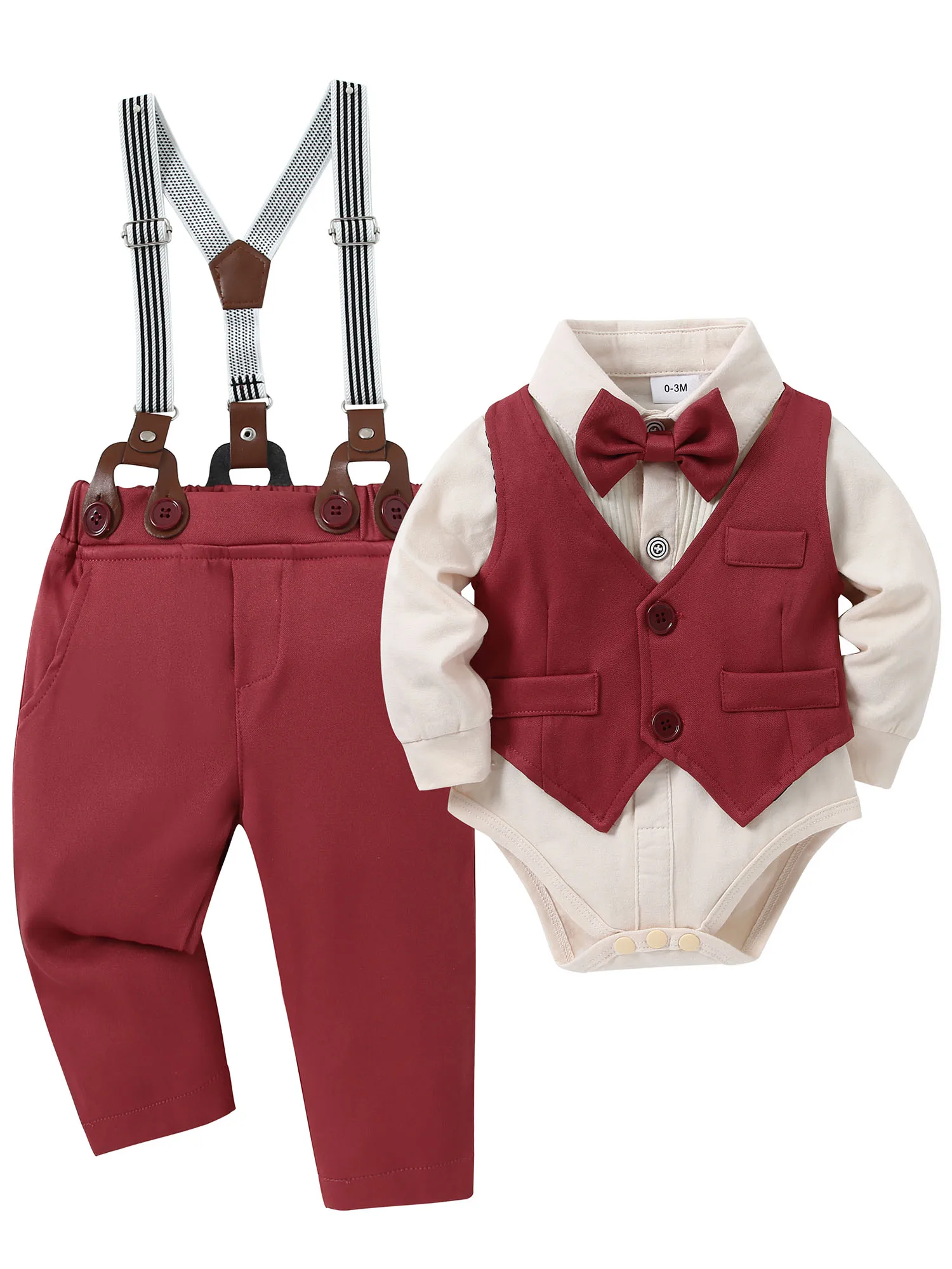 Baby Boy Clothes Wedding Outfit Suits, 0-18 Months Infant Boy Gentleman Set, Dress Shirt+Vest+Suspender Pants+Bowtie