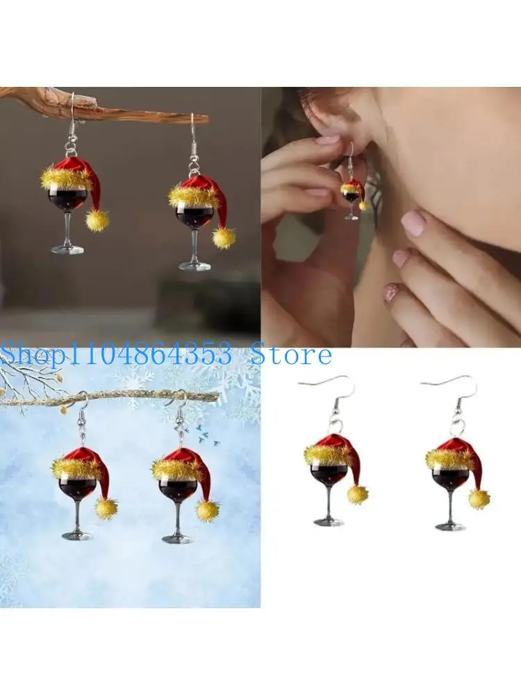 652F Christmas Hat Wine Glass Ear Hooks Fashionable Christmas Hat Earrings Charm Featuring Wine Glass Accent For Adults