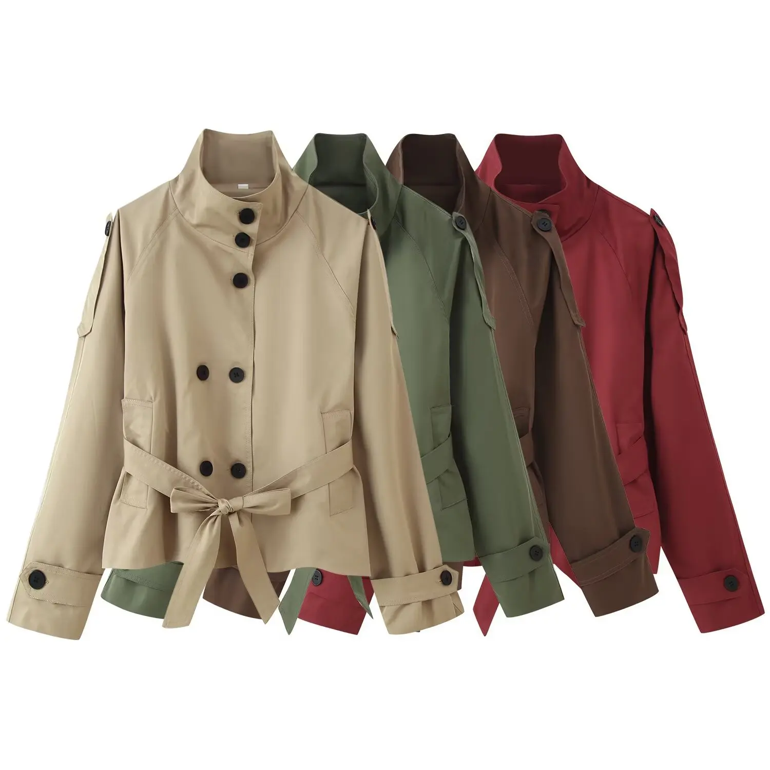 2025 New Double Breasted Tie Belt Short Trench Coat Women Long Sleeve Coat Multi Color Options Temperament Style