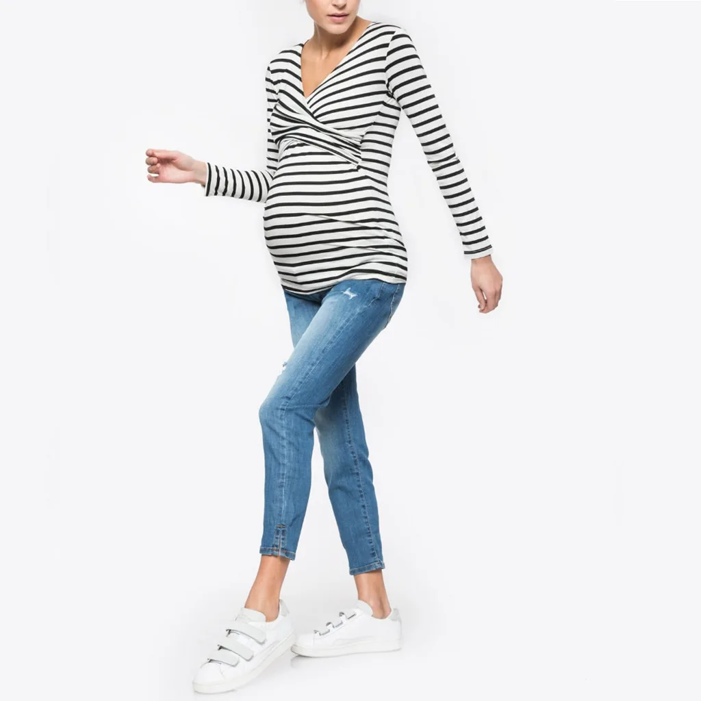 New Women\'s Striped Maternity Long Sleeve Solid Color Nursing Top T Shirt V Neck Fashion Casual Maternity Breastfeeding Top