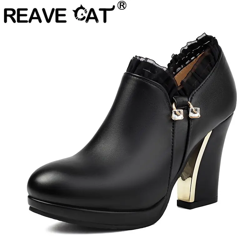

REAVE CAT модные женские ботильоны с круглым носком на платформе, черные, с кристаллами, размер 44, 45, 46, офисная женская обувь для взрослых