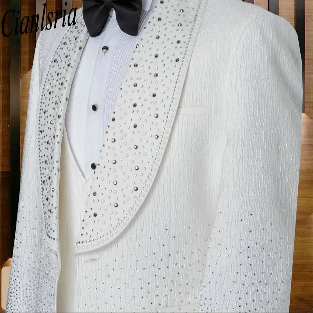 White Jacquard Suit Sets For Men Wedding Banquet Grooms Handmade Crystal Outfits Classic Male Double Breasted Blazer Pants 2 Pcs