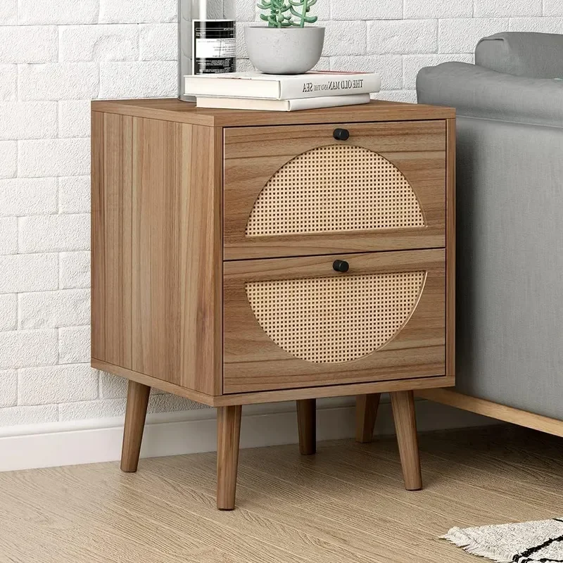 Bohemian Set of 2 Rattan Bedside Tables with Drawer Wooden Wave Design Nightstand for Bedroom Dormitory Home Decor Furniture