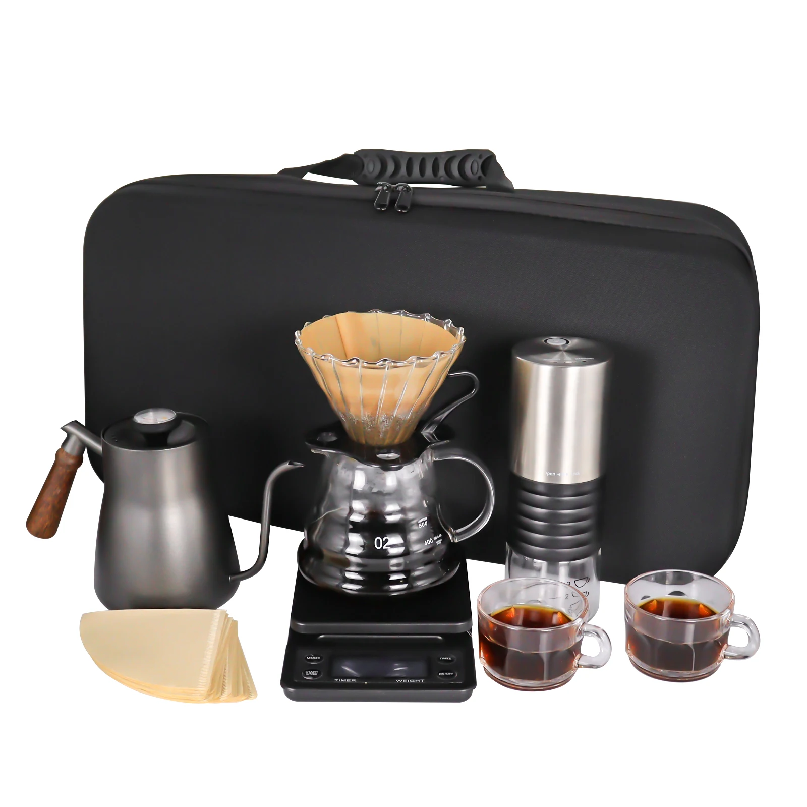 

All in One Pour Over Coffee Maker Set with Electric Grinder Coffee Kettle Server and Dripper with Travel Bag Outdoor Camping