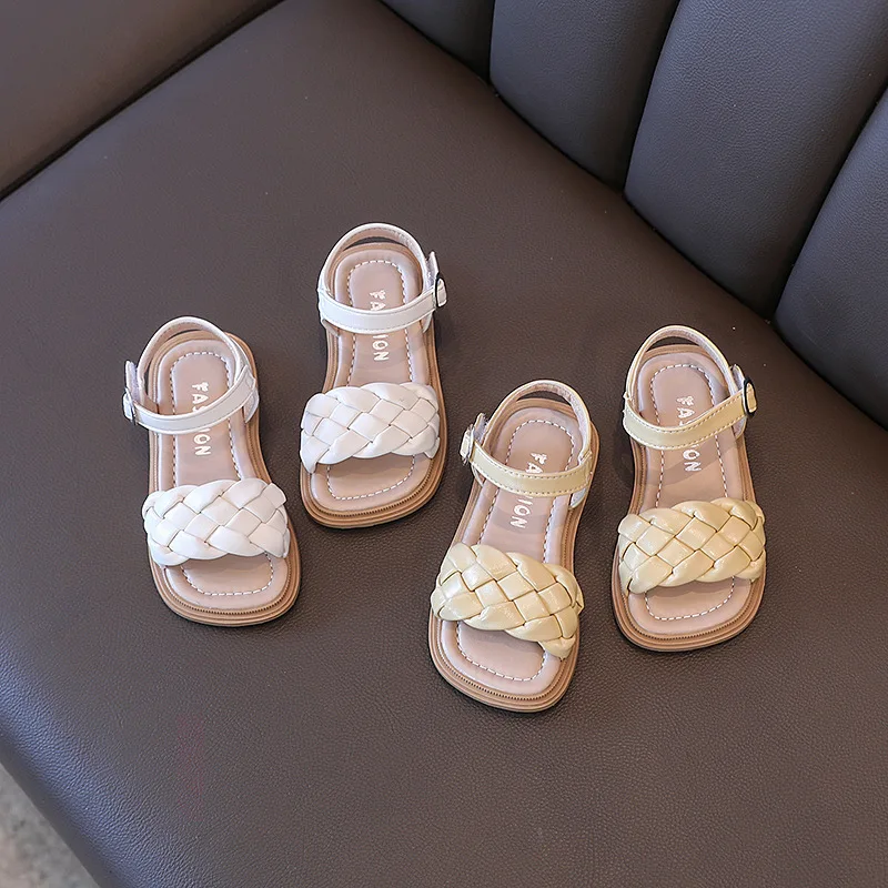 2024 Summer New Girls' Sandals Korean Fashion Woven Children's Shoes Soft Soles Open Toe Princess Shoes