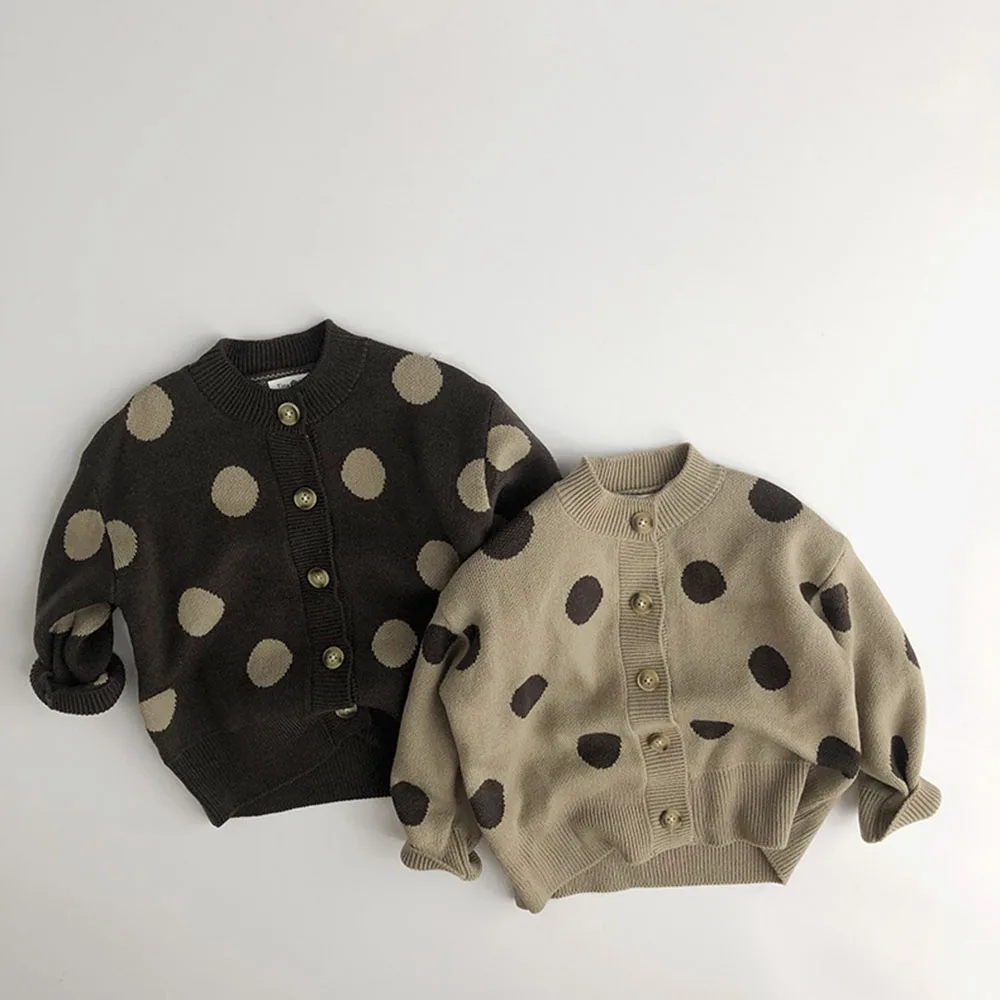 

Unisex Children's Round Dot Print Sweater Early Spring Children Korean Fashion Warm Long Sleeve Single Breasted Sweater