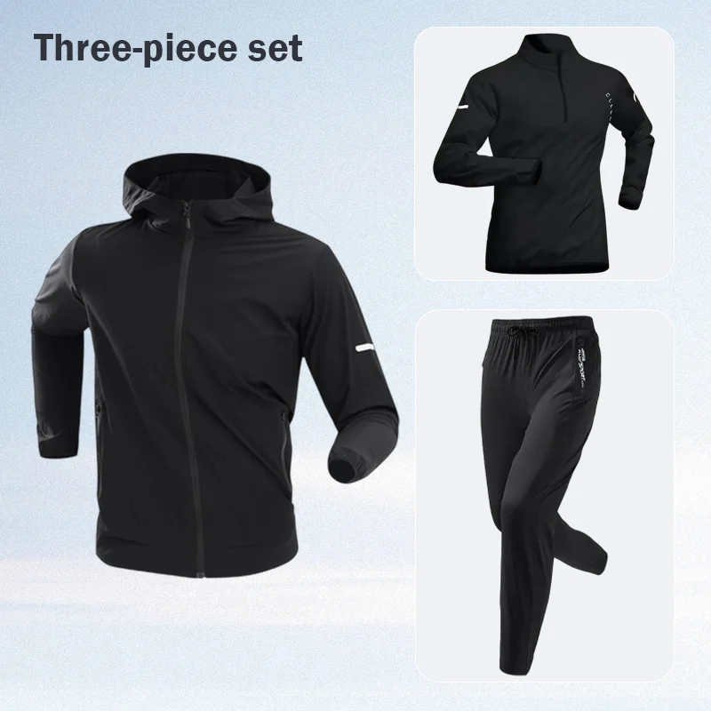 2026 New Men's Running Sports Suit Three-Piece Set Quick Dry Spring Summer Morning Training Fitness Wear Running Cycling Clothes