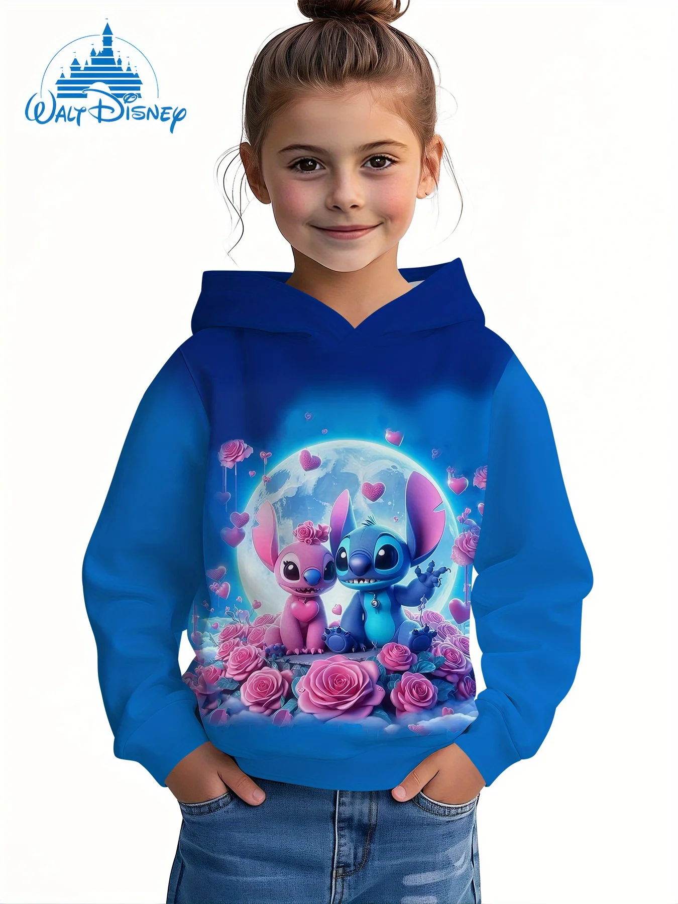 سويت شيرت بغطاء للرأس متعدد الاستخدامات للأطفال، طباعة رومانسية من Stitch Angel، بلوزة للأطفال للجنسين لجميع المواسم، مثالية للملابس الخارجية