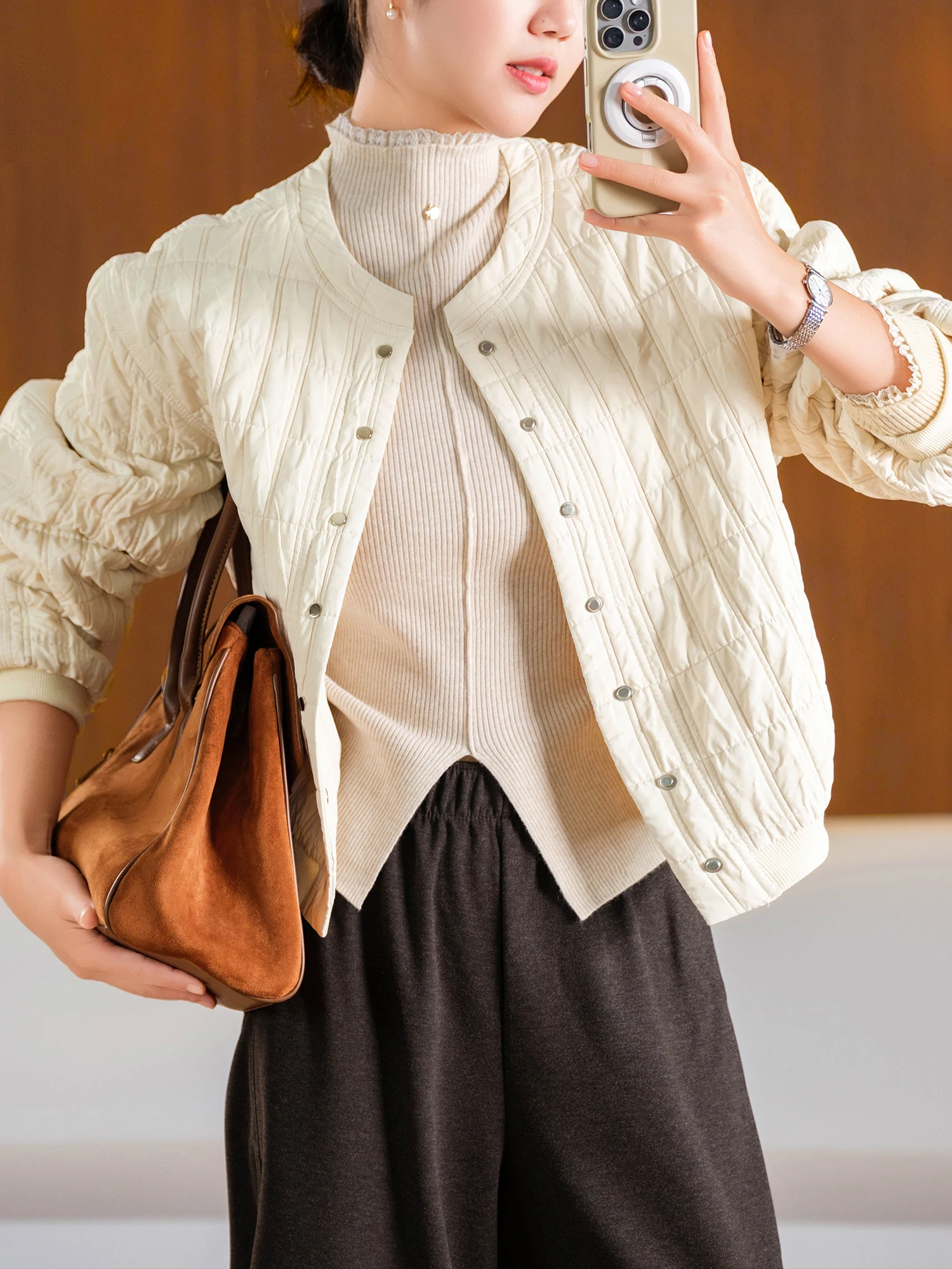 Casual Style Short Outerwear round Neck Padded Button Front Hemmed Cuff Polyester Fiber Women's Loose Fit Long Sleeve Coat