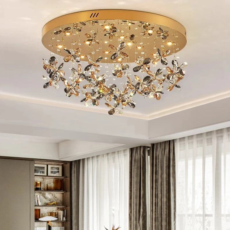 Round Gold LED Flower Crystal Chandelier for Living Room, Dining Room Indoor ceiling decorative lighting fixtures.