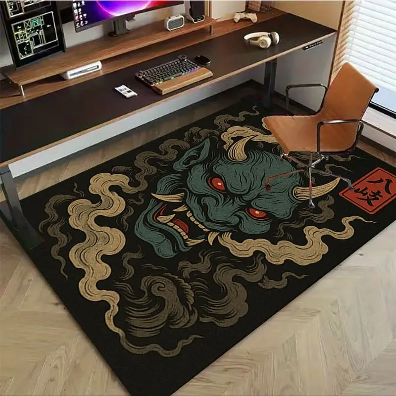 Japanese Oni Demon Print Decor Rug, Gothic Style Floor Mat for Living Room, Bedroom, Gaming Area