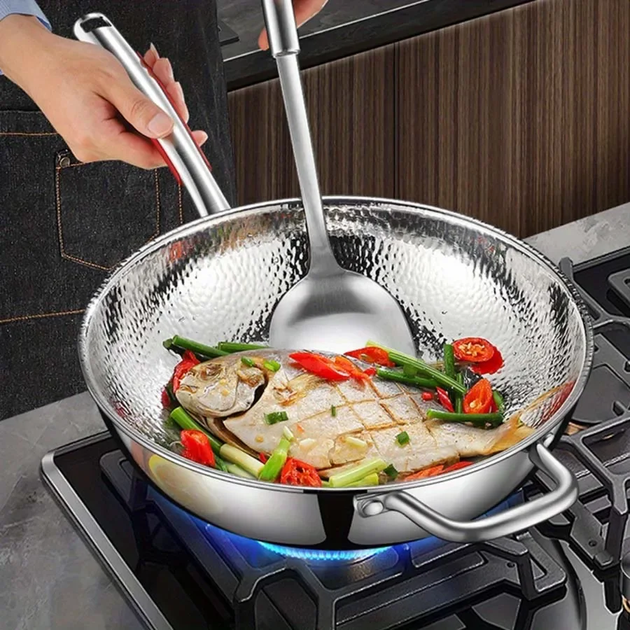 30cm Pure Titanium Round Bottom Wok Uncoated Non-stick Pan Can Be Used in Concave Induction Cooker, Household Stir-frying