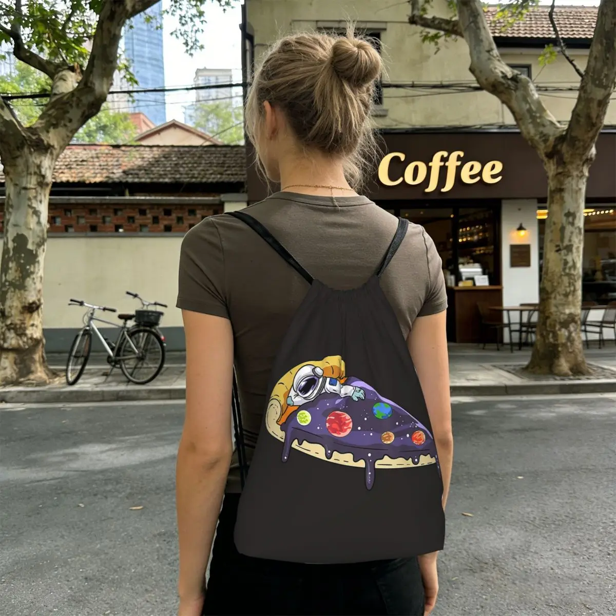 

Рюкзаки с мультяшным изображением космонавта с пиццей в космосе, повседневные спортивные сумки на шнурке с карманами, сумки для книг для путешествий и студентов