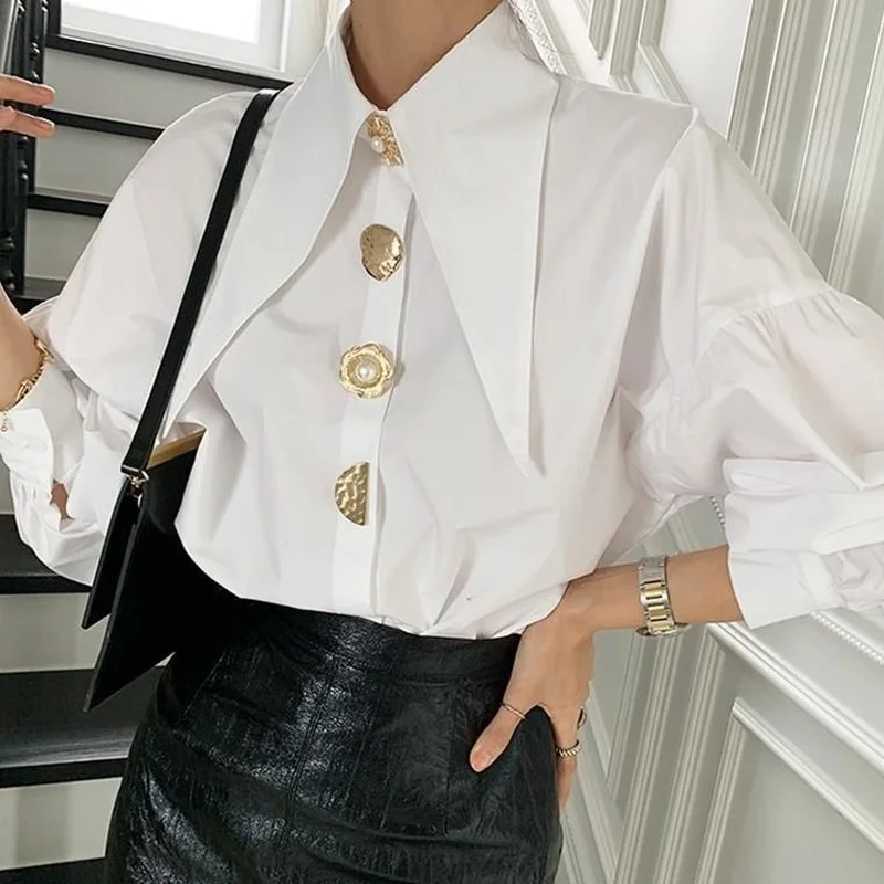 

Women's Shirts Sharp Corner Lapel Fashion Lady Blouses Korean Style White All-match Long-sleeved Tops 2024 Autumn