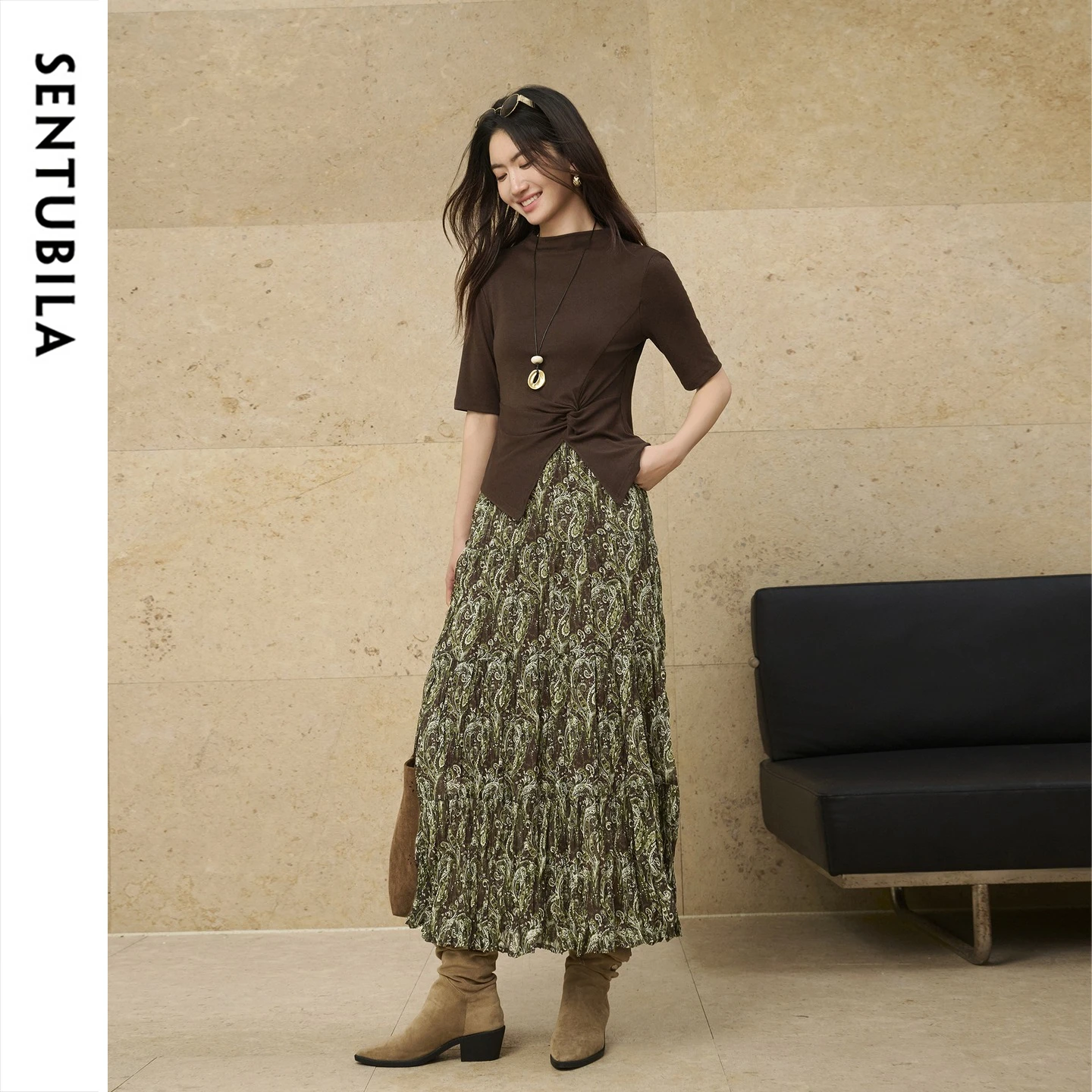 SENTUBILA Women's Coffee Matching Set 2026 Semi-turtleneck Knitted Top Printed Long Skirt Fashion Two-piece Set W63ZC8054