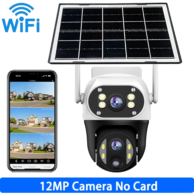 Caméra solaire Wifi 12MP PIR détection humaine IP66 étanche Surveillance extérieure 8MP HD double ob