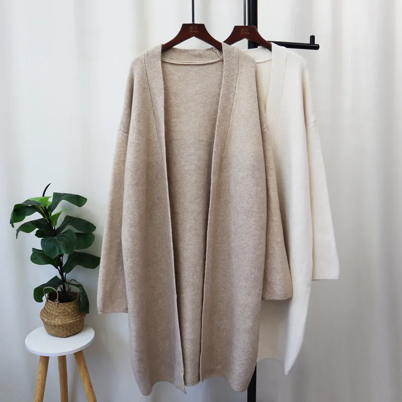 Women Knitted Long Cardigan Jumpers Solid Sweaters Mid Length Full Sleeves Loose Y2k Open Stitch Casual Office Lady 2025 Autumn
