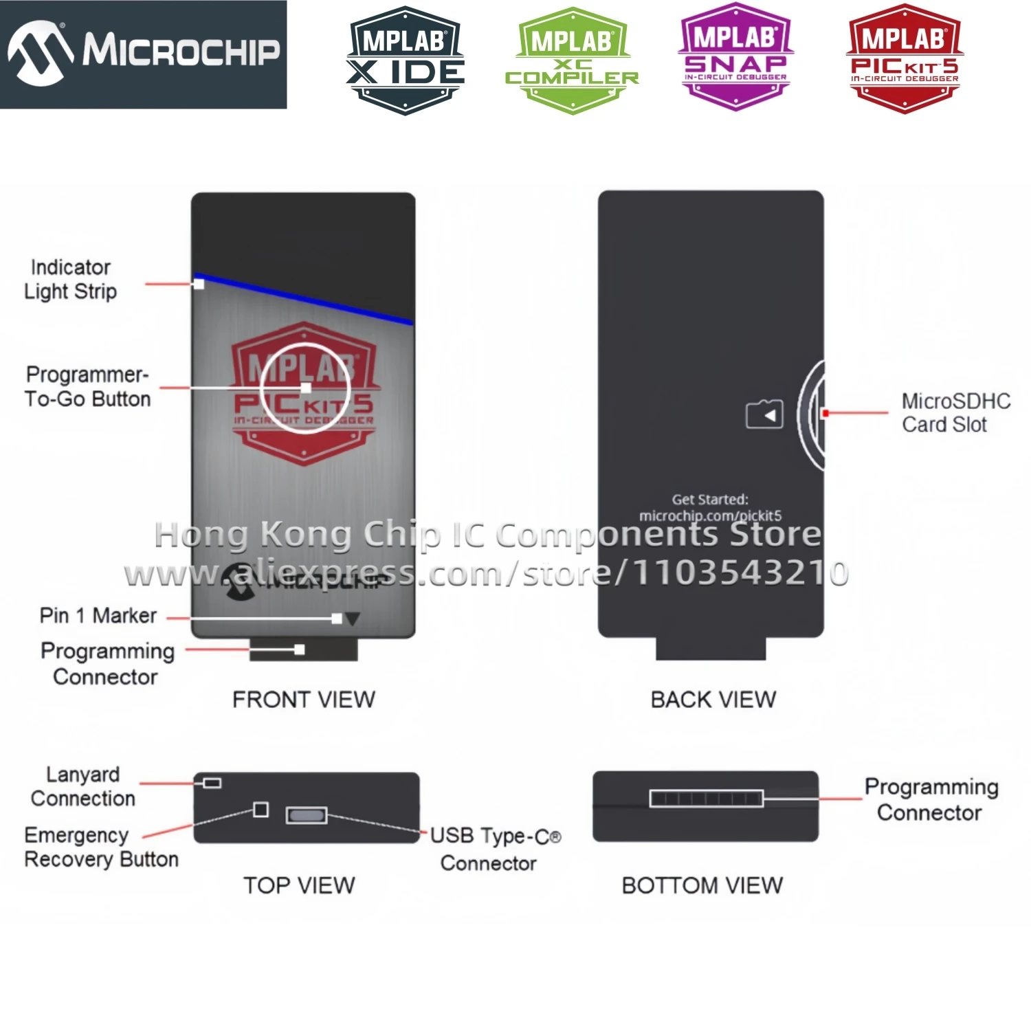1 قطعة/الوحدة هونغ كونغ MPLAB PICkit 5 PG164150 عبر الإنترنت مصحح الأخطاء المبرمج PIC dsPIC AVR SAM 100% جديد وأصلي