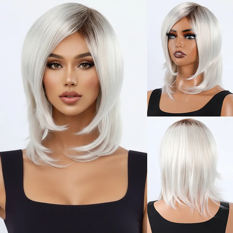 European and American wig women's bob hair with a brown root gradient and white gold short hair-Synthetic fiber wig