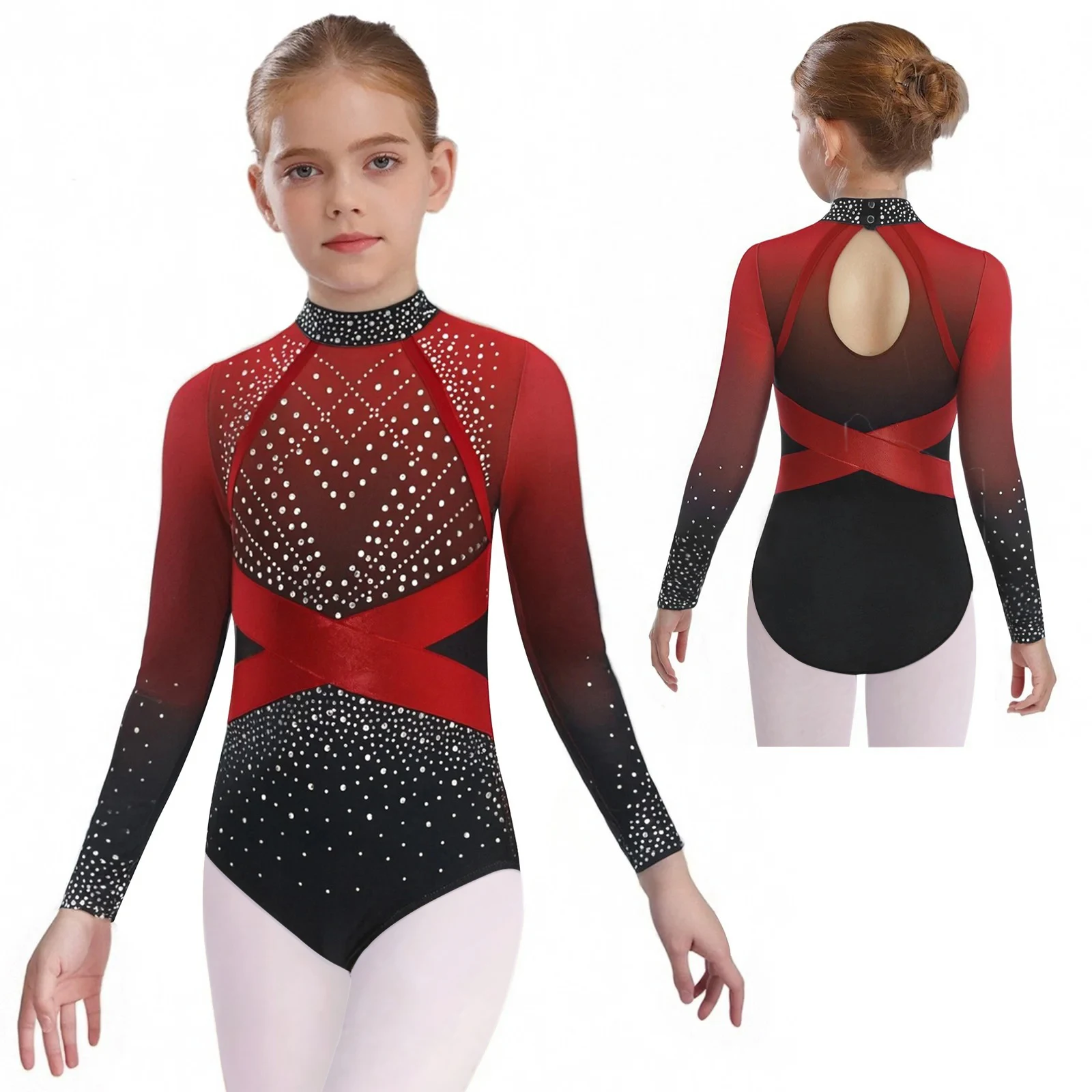 

Kids Girls Color Block Dance Leotard Diamonds Rhinestone Long Sleeve Ballet Gymnastics Ballerina Jumpsuit Performance