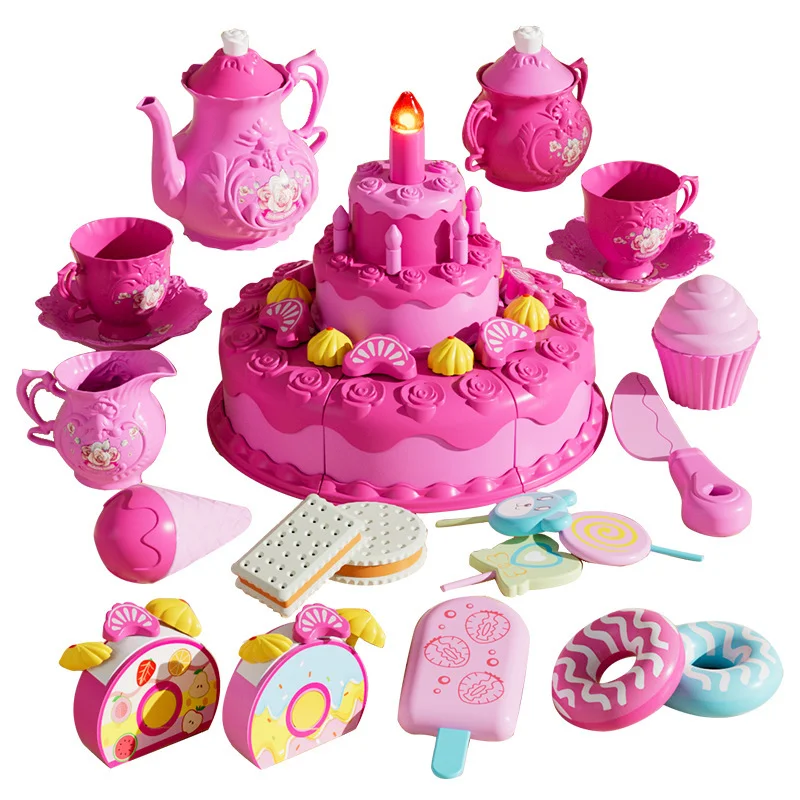 Criativo fingir jogar bolo de aniversário corte brinquedos conjunto simulação soprando vela sobremesa frutas diy montar brinquedo menina presente aniversário