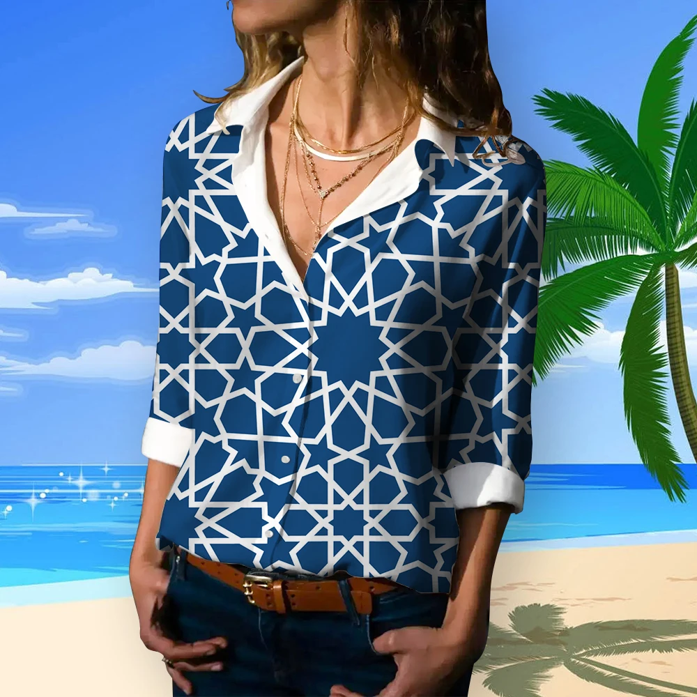 Trend iges Sommer hemd lange Ärmel Hawaii hemd Frühlings geometrie drucken Hawaii hemden Frauen einfache Büro Dame Bluse plus Größe