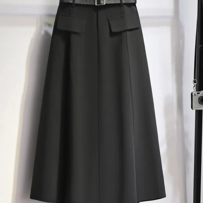 Korean Fashion Autumn Women\'s Solid Pleated Button Elastic High Waist Simplicity Casual Chic Slim Mid-length A-line Suit Skirt