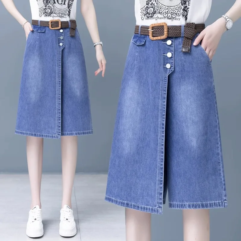High Waist Loose Fit Seven-Foot Jeans Women's Summer New Sle Slimming Thin Wide Leg Midi Skirt Pants Cool Sensation