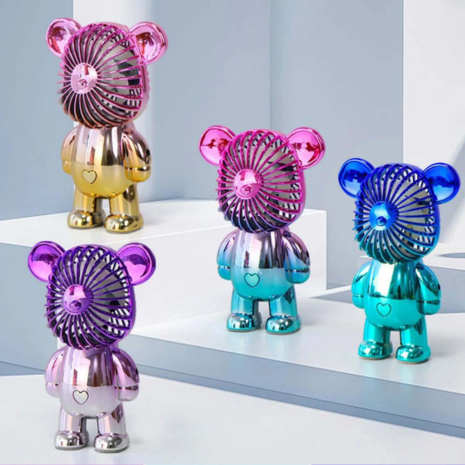 Graffiti Bear Electric Fan USB Rechargeable Desktop Fan Electroplating Gradient 3-speed for Camping Outdoor Travel