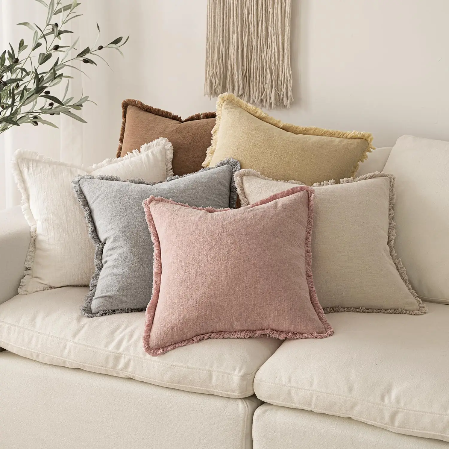 Rosa Dekorative Sofakissenbezüge Neutrale Leinen-Fransen Zierkissen Boho Akzent-Kissen für Bett Sofa Wohnzimmer 45x45cm – Detail 6