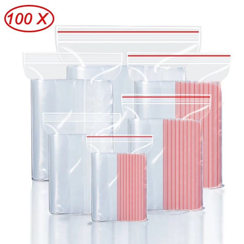 100pcs/pack Plastic Bags Reclosable Transparent Bag Reusable Food Jewelry Storage Package Kitchen Clear Vacuum Zip Bag Thickness