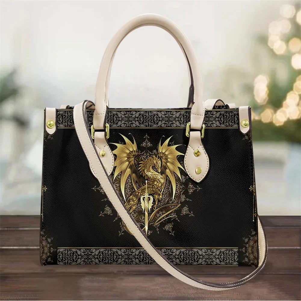 Women's Top-handle Bags Golden Dragon Printed Messenger Bags Handbag Luxury PU Leather Wallets Small Female Shopper Bag Fashion