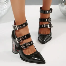 Women Pumps Fashion Ankle Buckle Pointed Toe Heels Women New 2025  Thick Heel Spring Autumn Shoes for Women Zapatos De Mujer