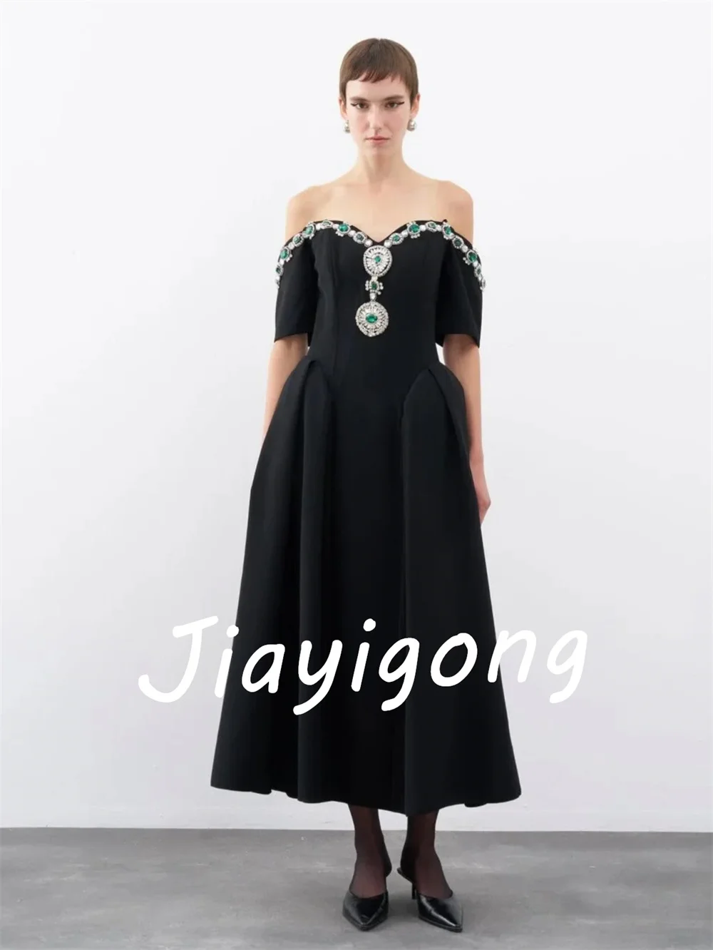 Customized High Quality Jersey Pleat Sequined Pattern A-line Off-the-shoulder Midi Bespoke Occasion Prom Dresses
