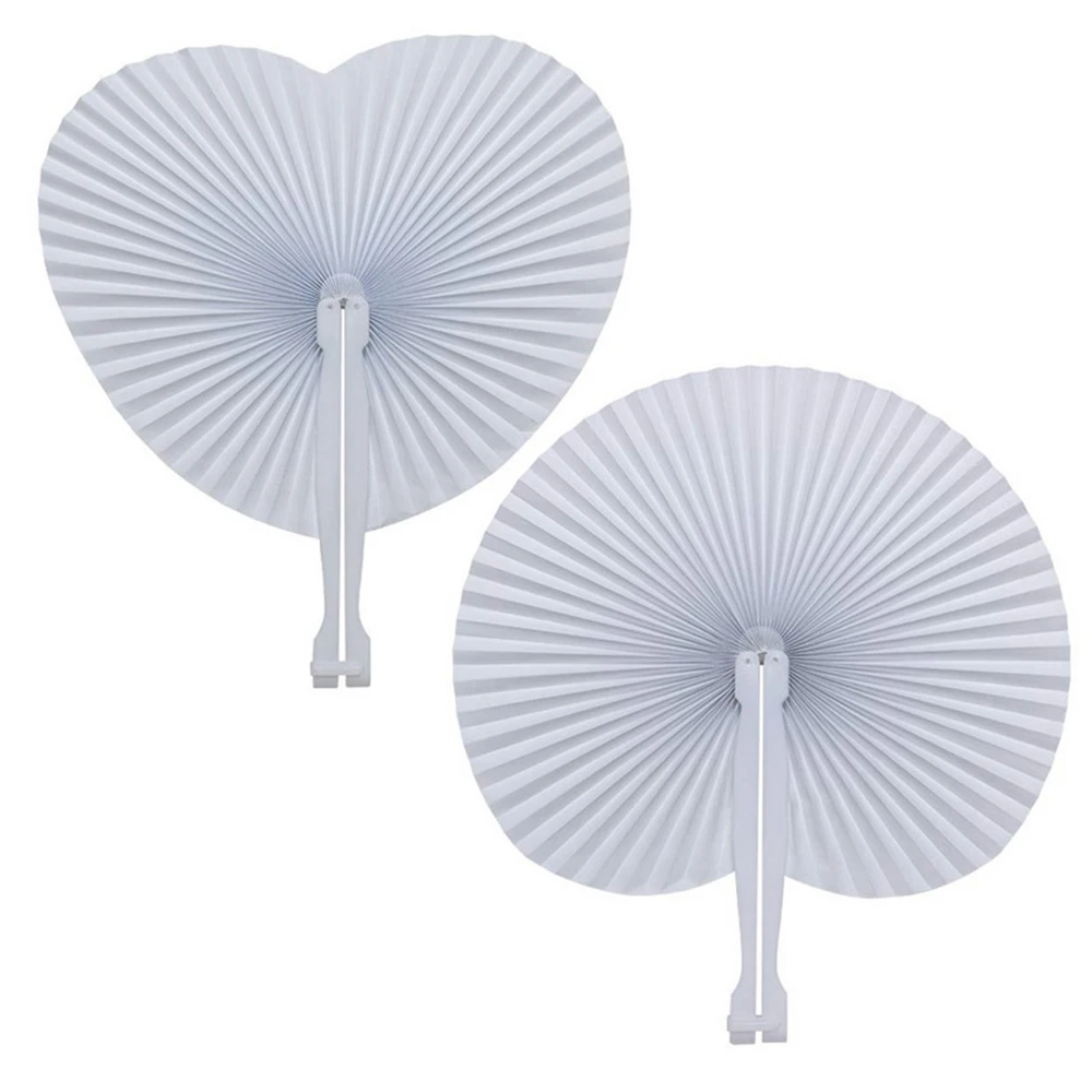 1PC White Folding Handheld Paper Fans Round Shaped Heart Shape Fans With Plastic Handle For Wedding Birthday Party Supplies