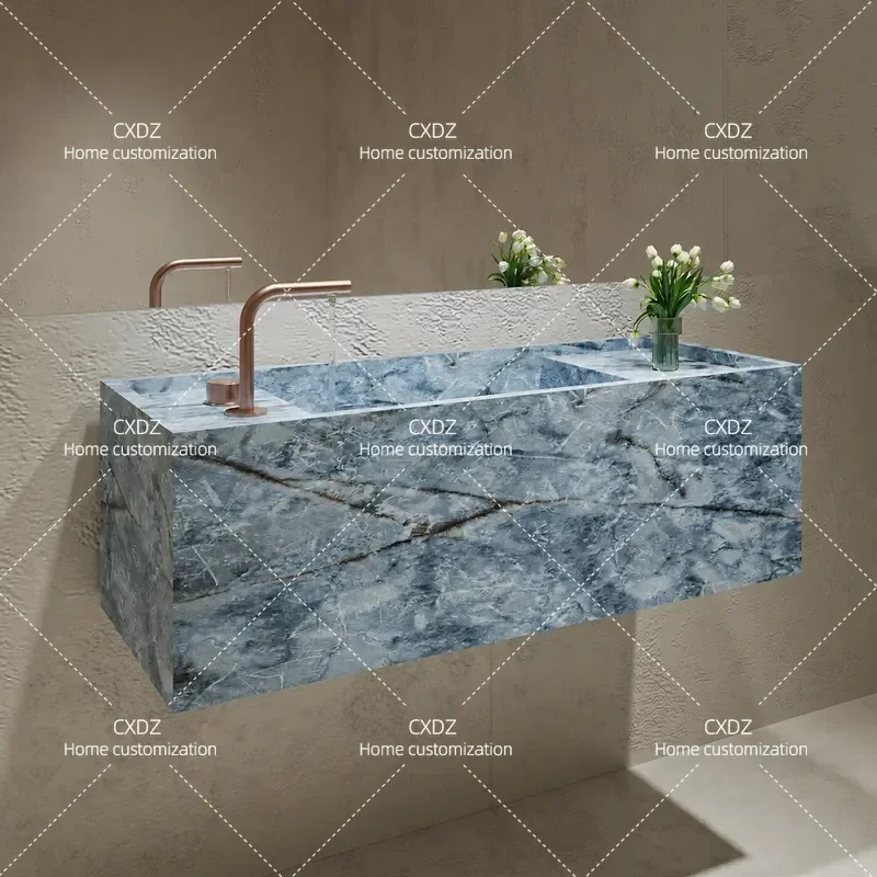 Wall Mounted Narrow Side Marble Rock Slab Luxury Stone Hand Washing Basin Integrated Wash Table Ice Silk Blue Jade Design