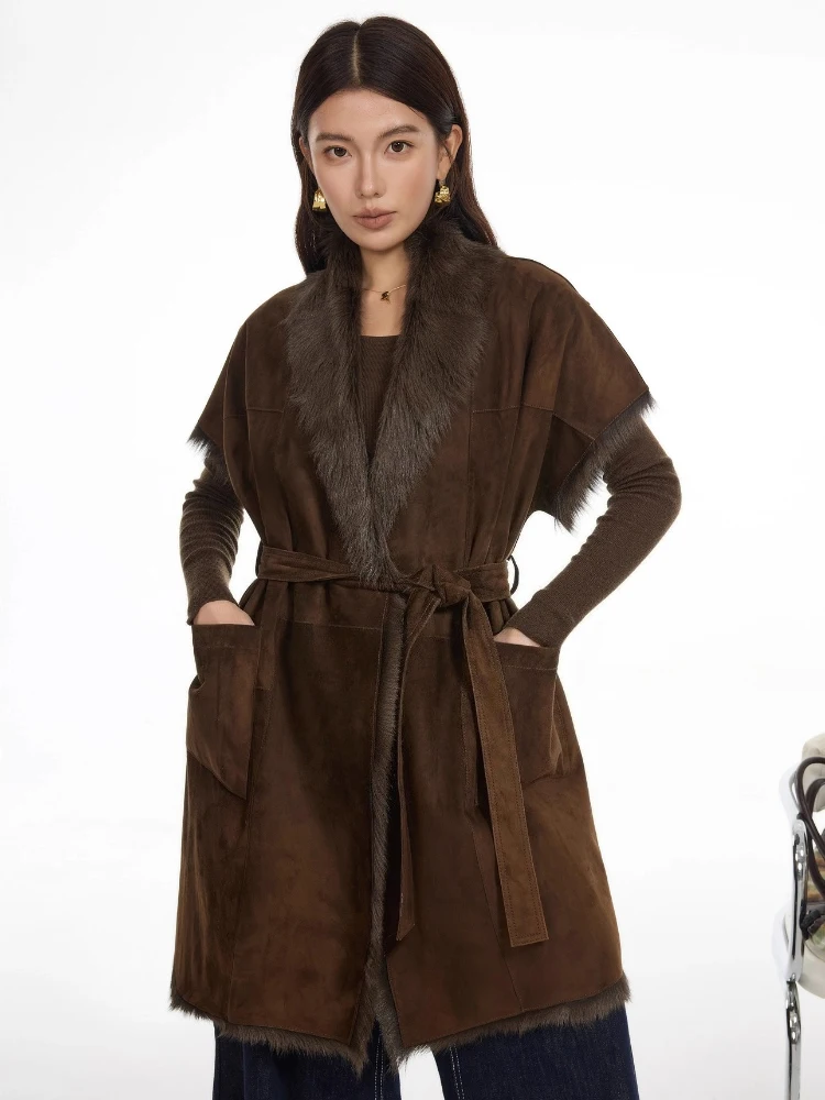 

High-end Luxury Toscana Lamb Fur Suede Jackets for Women Simple Short Sleeve Mid-length Genuine Leather Real Fur Coat with Belt